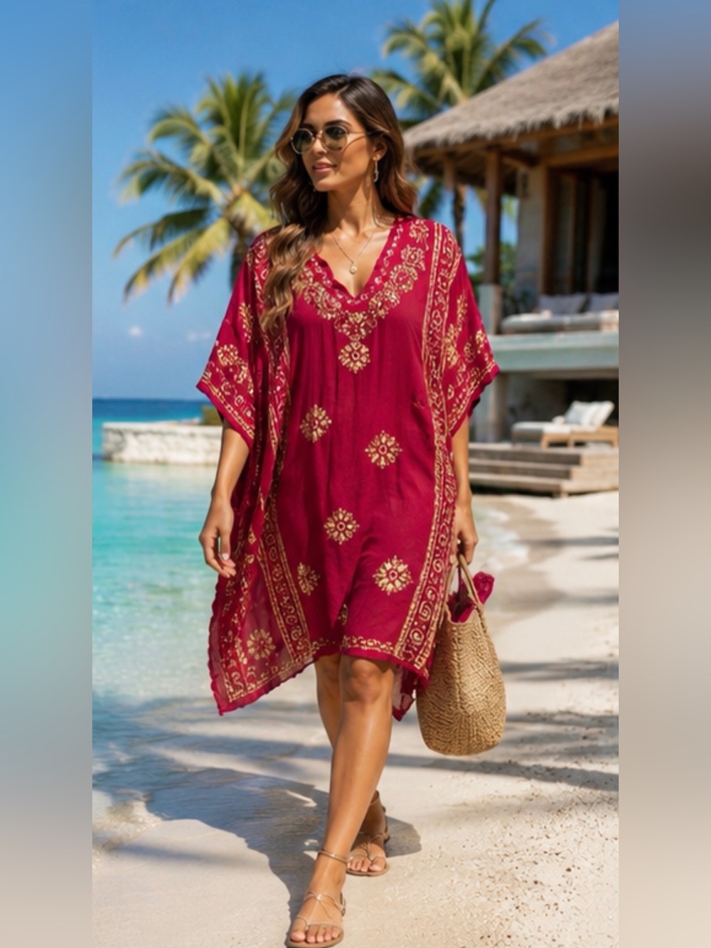 Tropical Red/Plum Poncho Style Tunic Dress w/ Embroidery & Gold Sequins